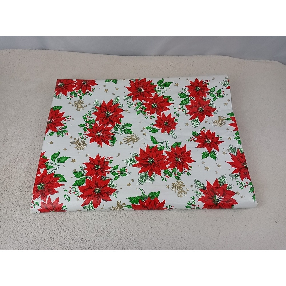 Vintage Poinsettia Vinyl Tablecloth Flannel‎ Backed 51 X 68" Oblong Christmas